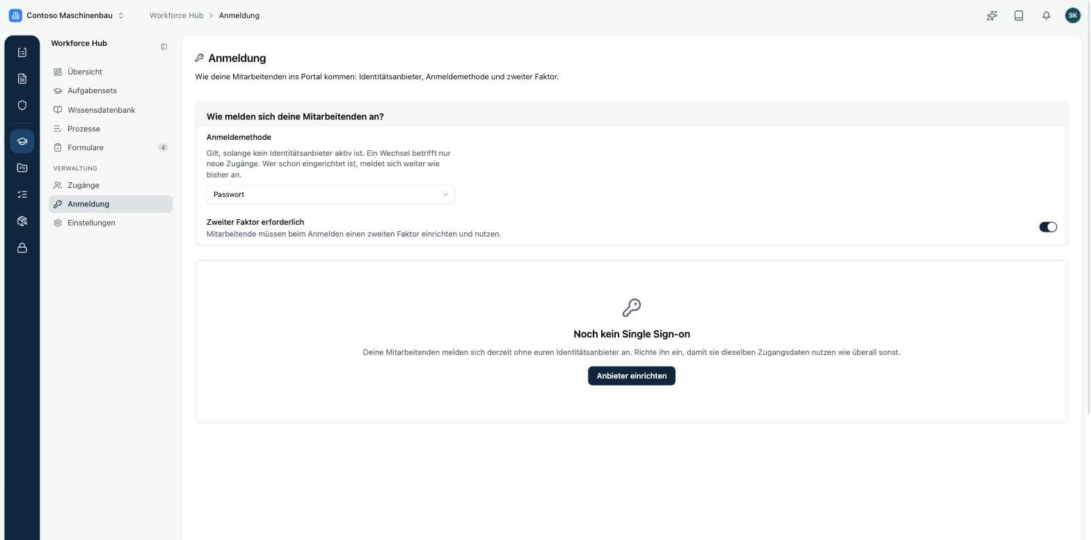 Anmeldemethode, zweiter Faktor und Single Sign-on