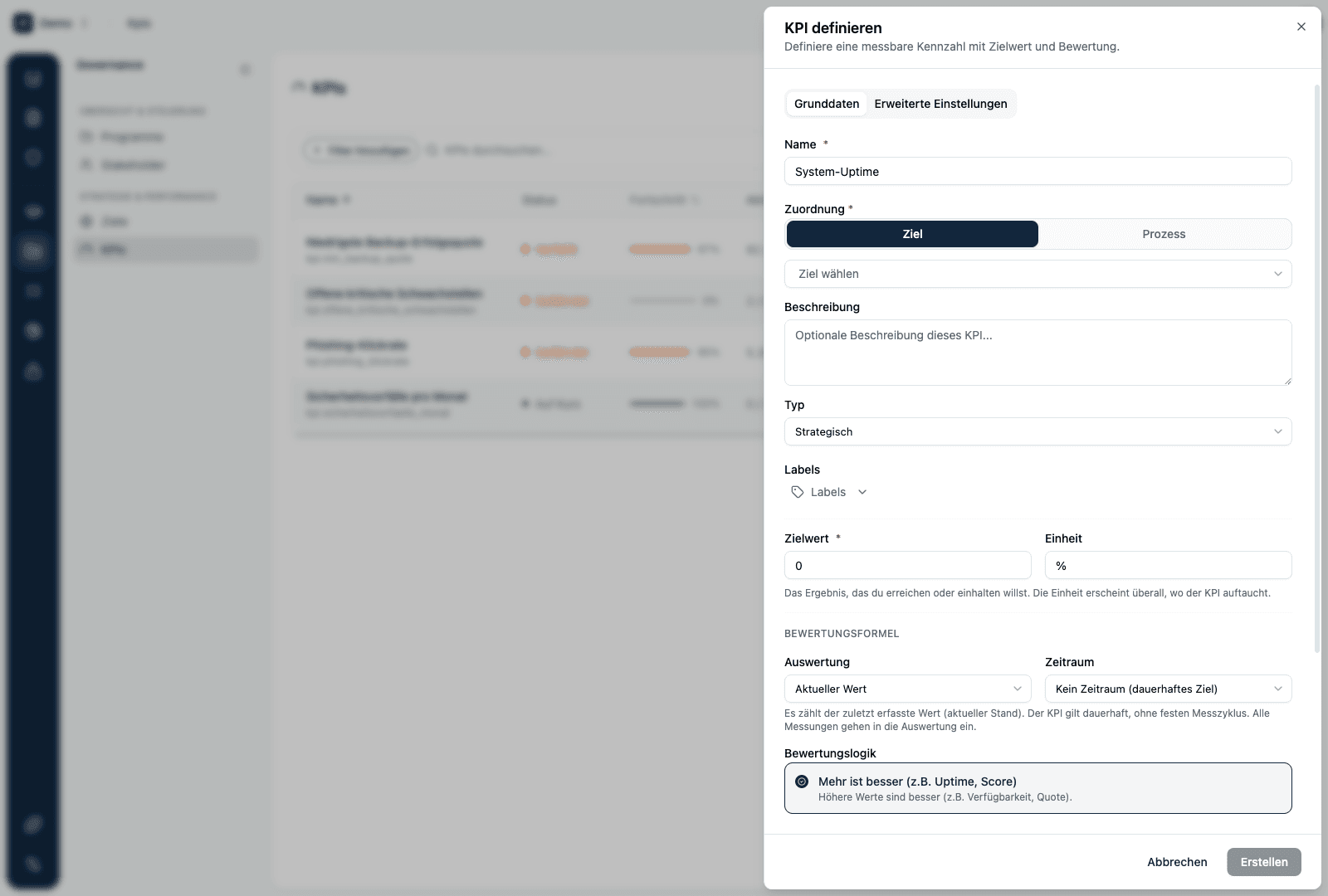 Neuen KPI anlegen mit Zielwert und Bewertung