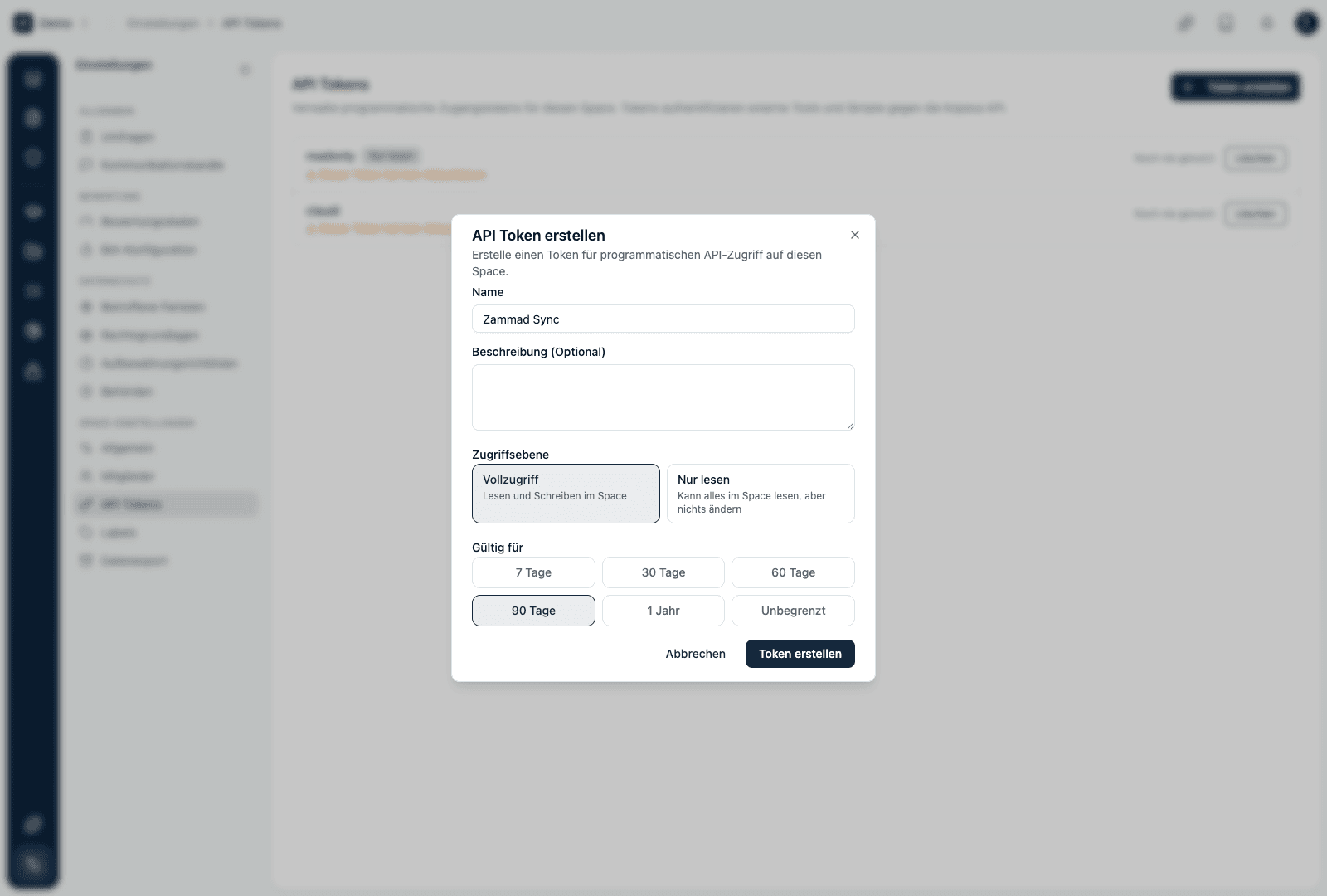 Dialog zum Erstellen eines API Tokens