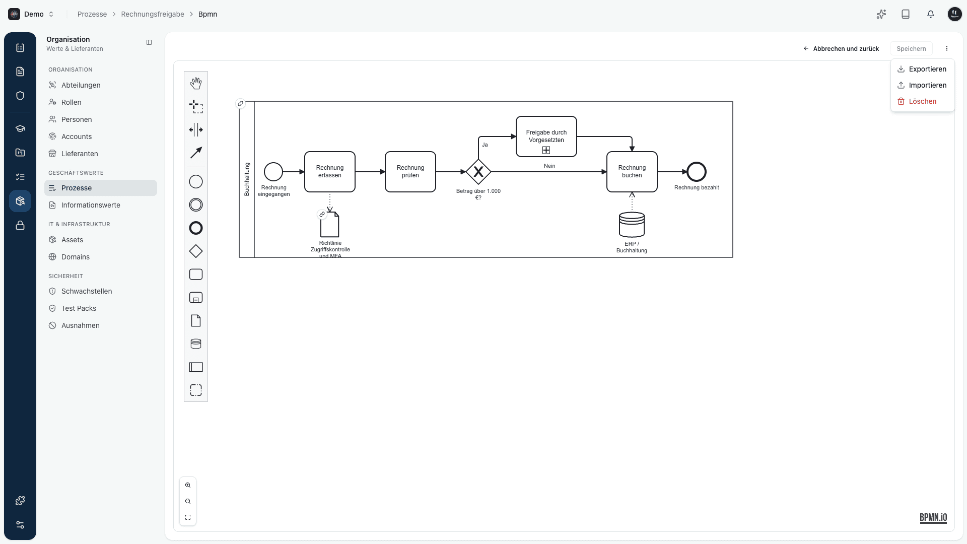 BPMN-Editor mit dem Menü Weitere Aktionen