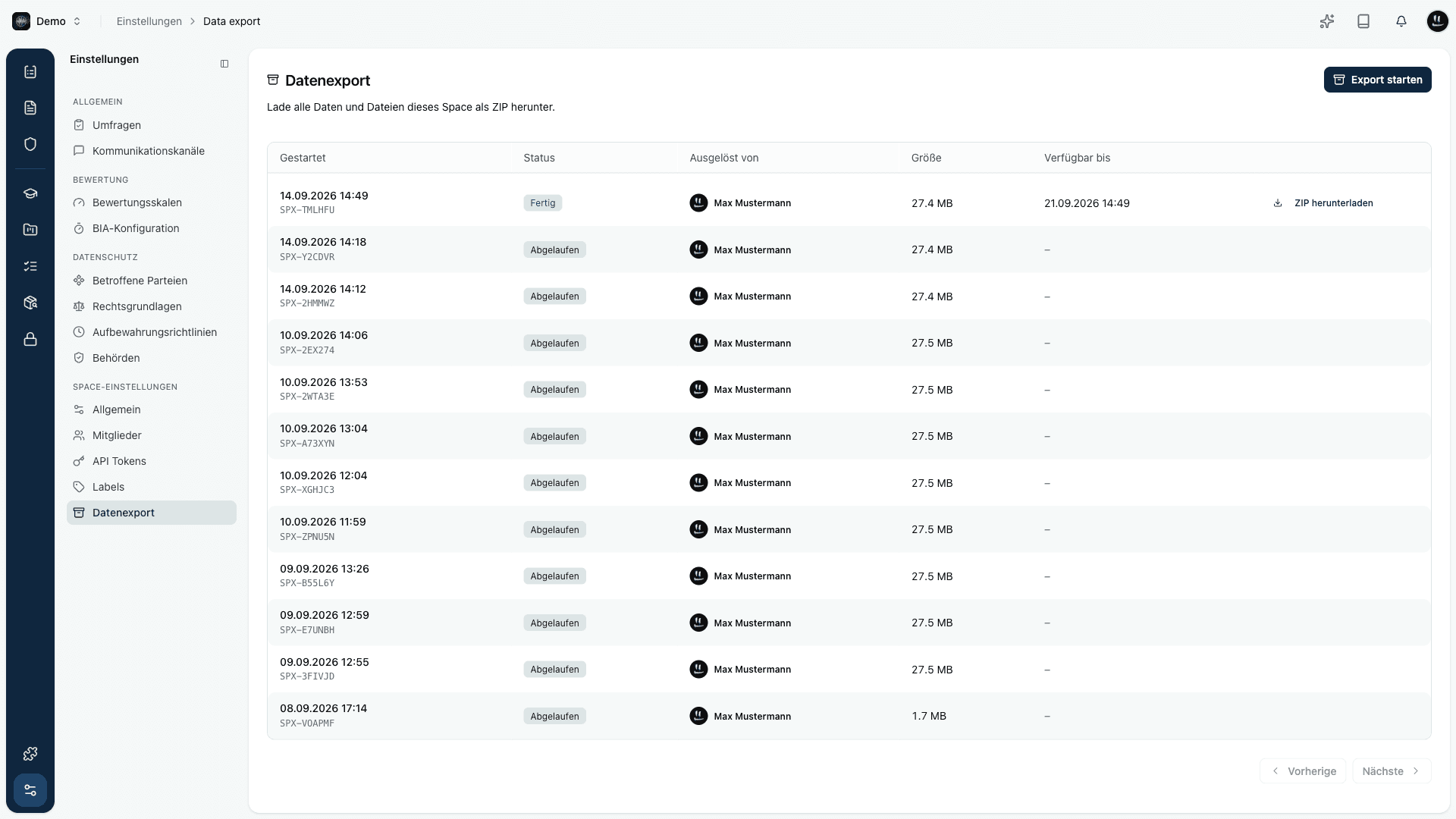 Datenexport eines Space