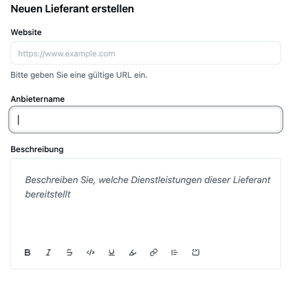 Dialog „Neuen Lieferant erstellen“
