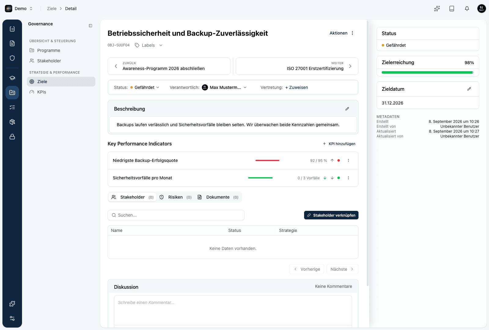 Ziel-Detailseite mit KPIs, Zielerreichung und Verknüpfungen
