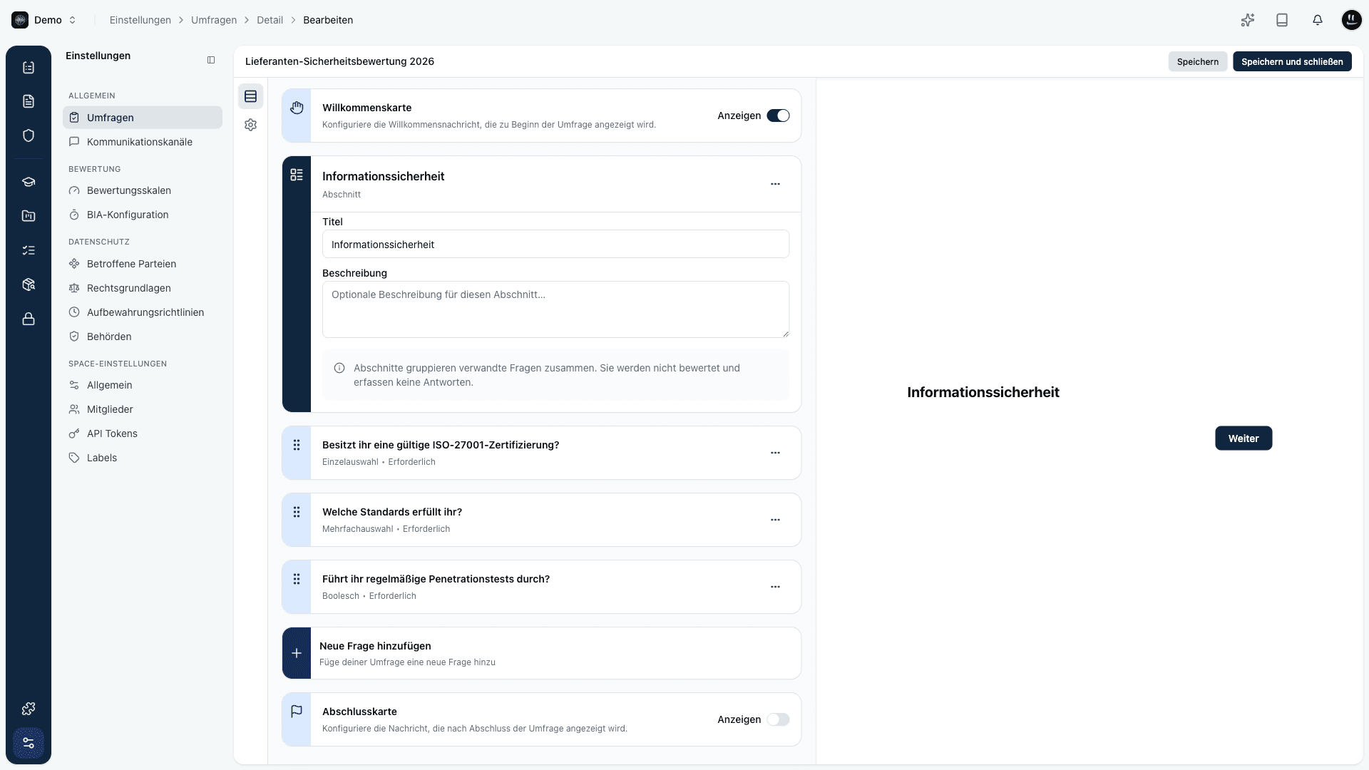 Umfrage-Editor mit Willkommenskarte, Abschnitt und Fragen