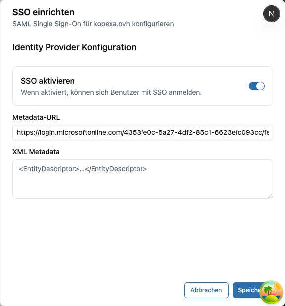 Screenshot: SSO-Konfiguration in Kopexa mit URL- oder XML-Option