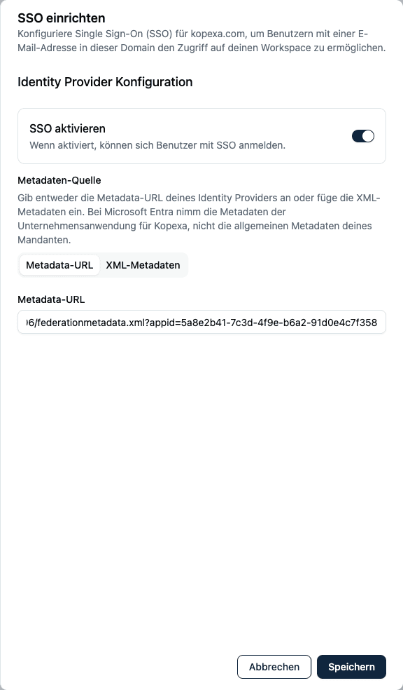 SSO-Einstellungen in Kopexa mit Metadata-URL oder XML-Metadaten